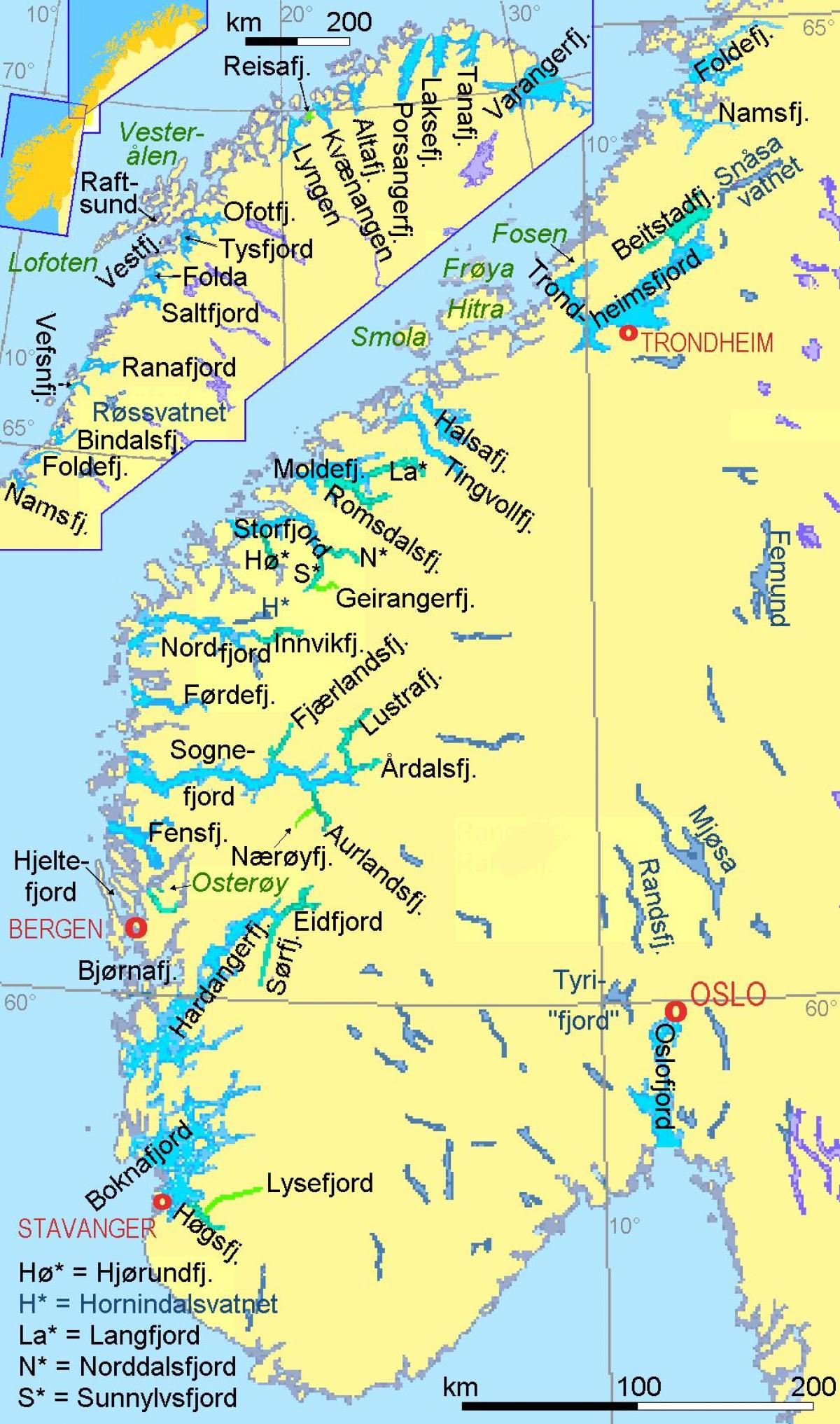 карта фіорди Норвегії показує